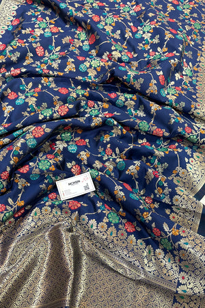 Navy Blue Golden Zari Katan Silk Banarasi Dupatta