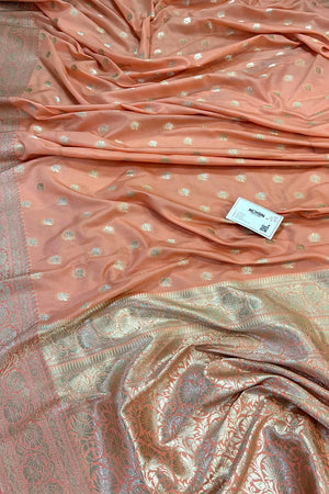 Peach Ghonga Buti Katan Silk Banarasi Saree