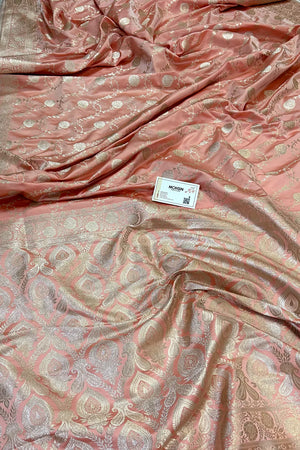 Peachy Pink Ropeway Jaal Katan Silk Banarasi Saree