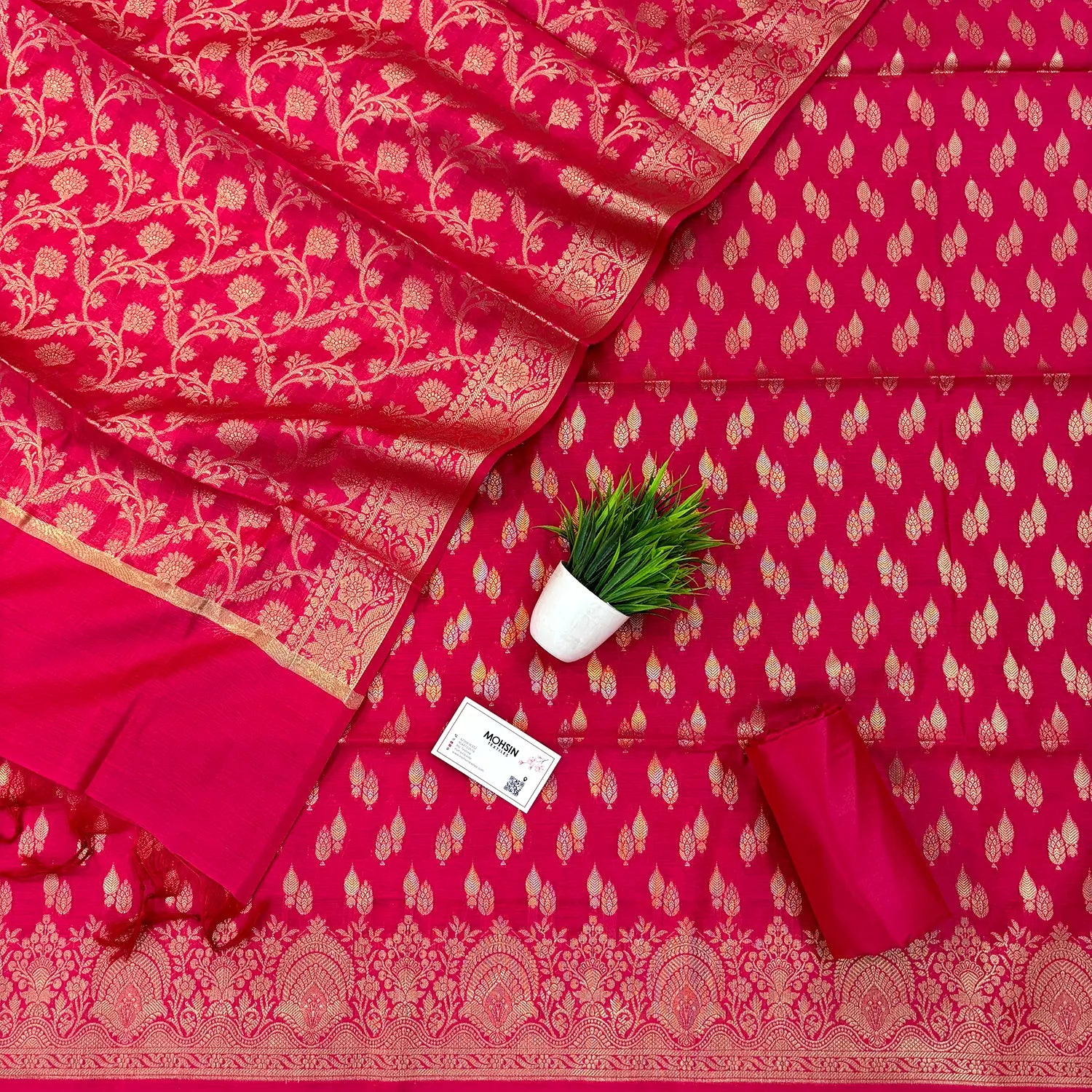 Rani Pink Golden Zari Banarasi Silk Suit