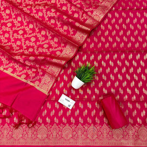 Rani Pink Golden Zari Banarasi Silk Suit