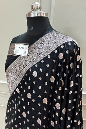 Black Chunni Munni Buti Katan Silk Banarasi Saree