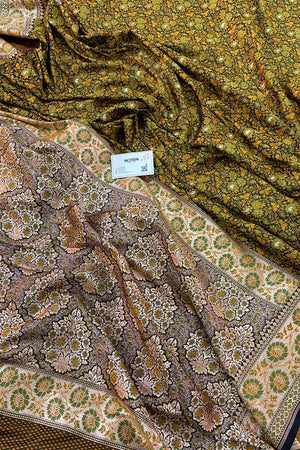 Black and Mehendi Jungli Jaal Katan Silk Banarasi Saree