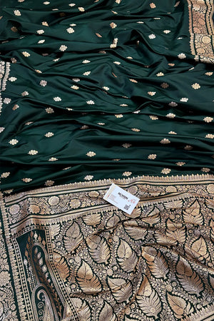Bottle Green Podina Buti Katan Silk Banarasi Saree
