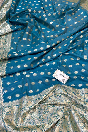 Firozi Golden Zari Crepe Silk Banarasi Saree