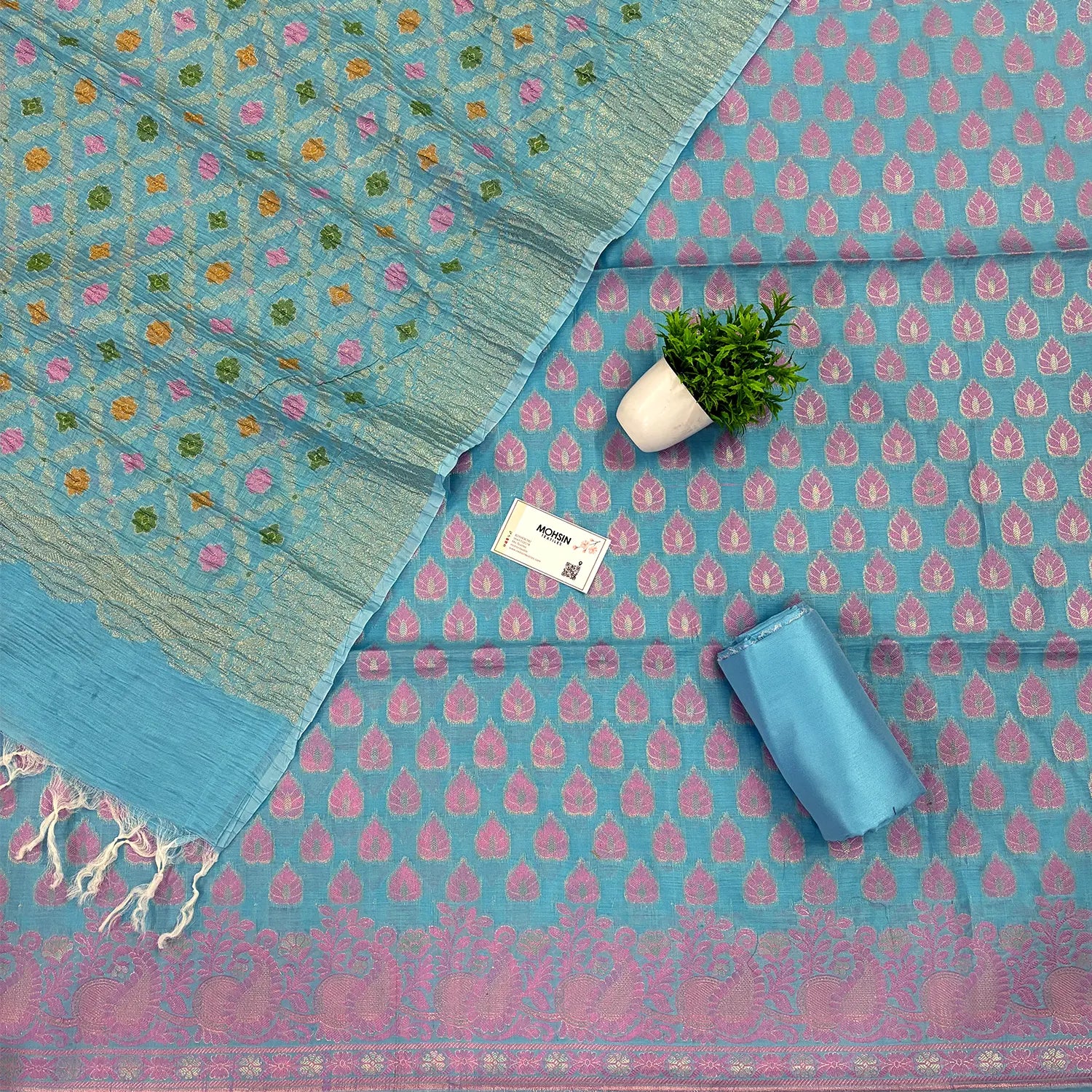 Firozi Kaccha Patta Crush Cotton Silk Banarasi Suit