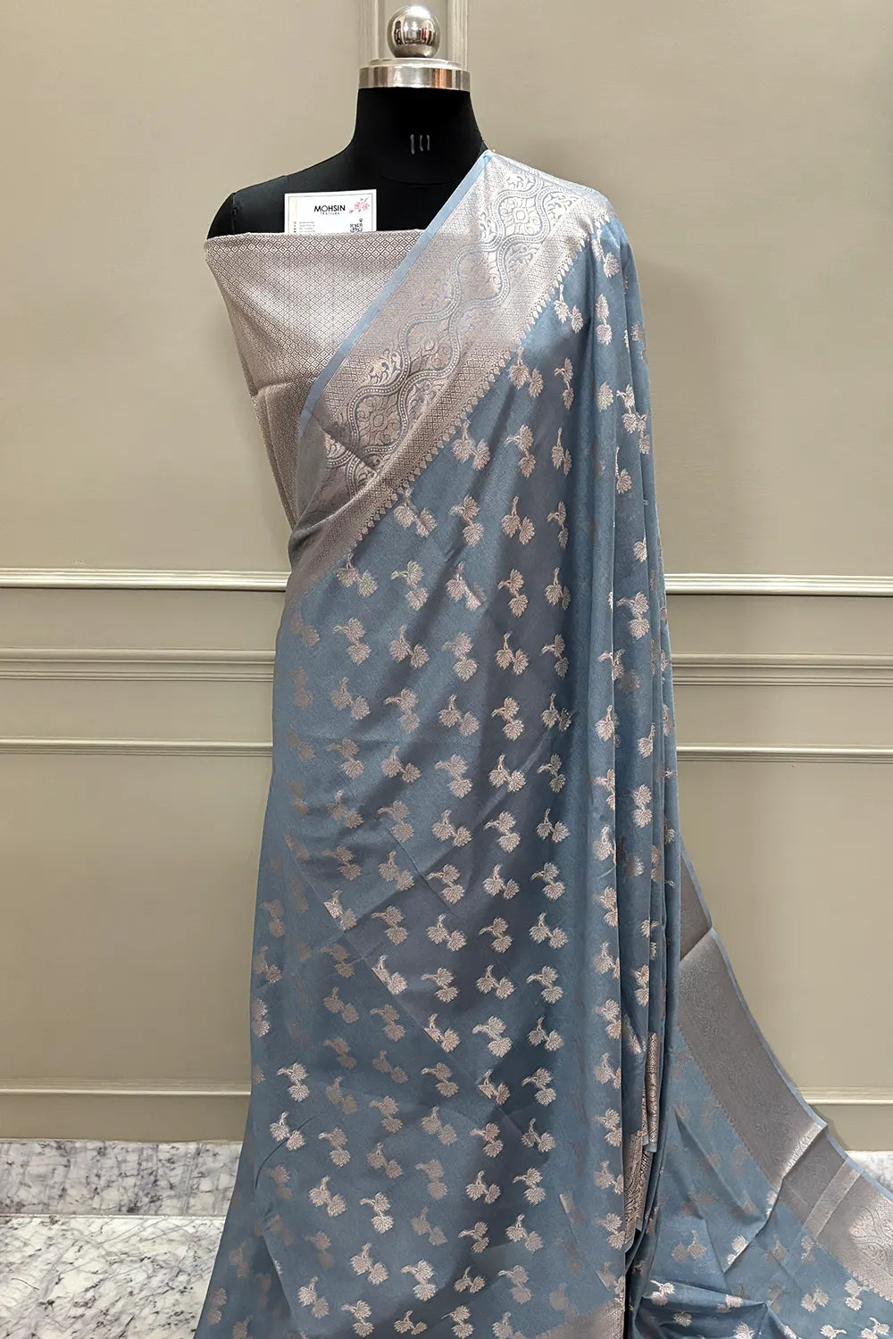 Grey Daab Buti Chanderi Silk Banarasi Saree