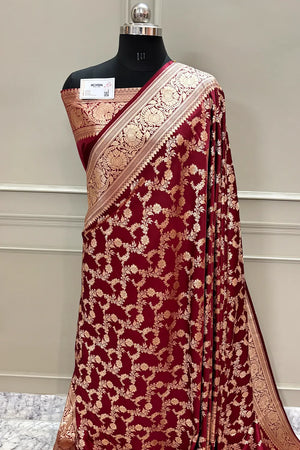 Maroon Moglai Jaal Katan Silk Banarasi Saree