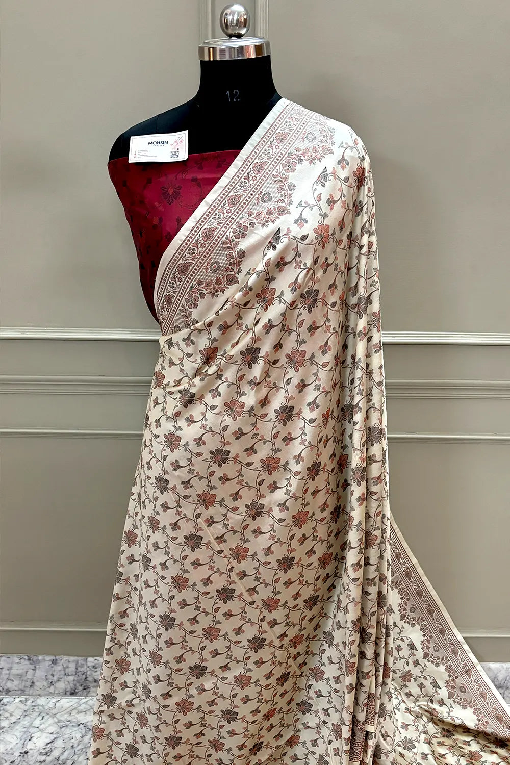 Beige and Maroon Resham Silk Banarasi Saree