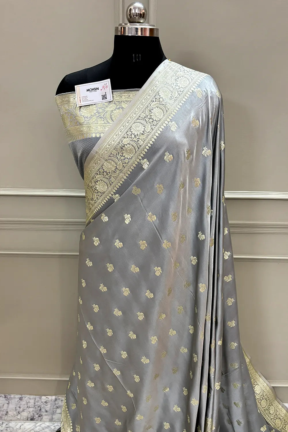 Grey Chaman Buti Katan Silk Banarasi Saree