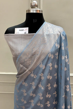Grey Daab Buti Chanderi Silk Banarasi Saree