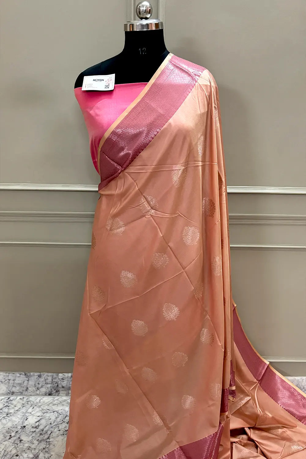 Light Peach and Pink Golden Zari Banarasi Silk Saree