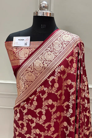 Maroon Moglai Jaal Katan Silk Banarasi Saree
