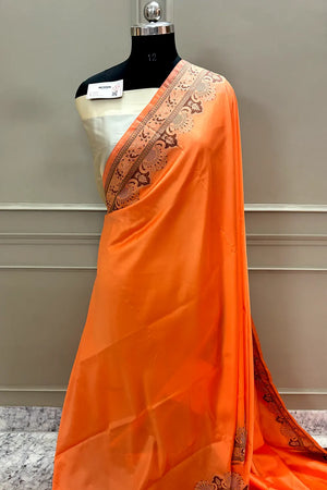 Orange and Beige Plain Resham Silk Banarasi Saree