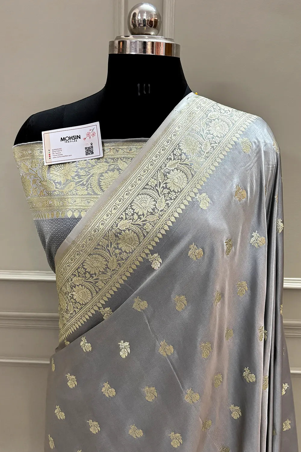 Grey Chaman Buti Katan Silk Banarasi Saree