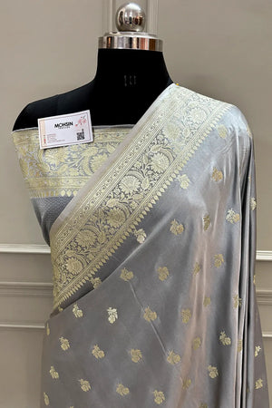 Grey Chaman Buti Katan Silk Banarasi Saree