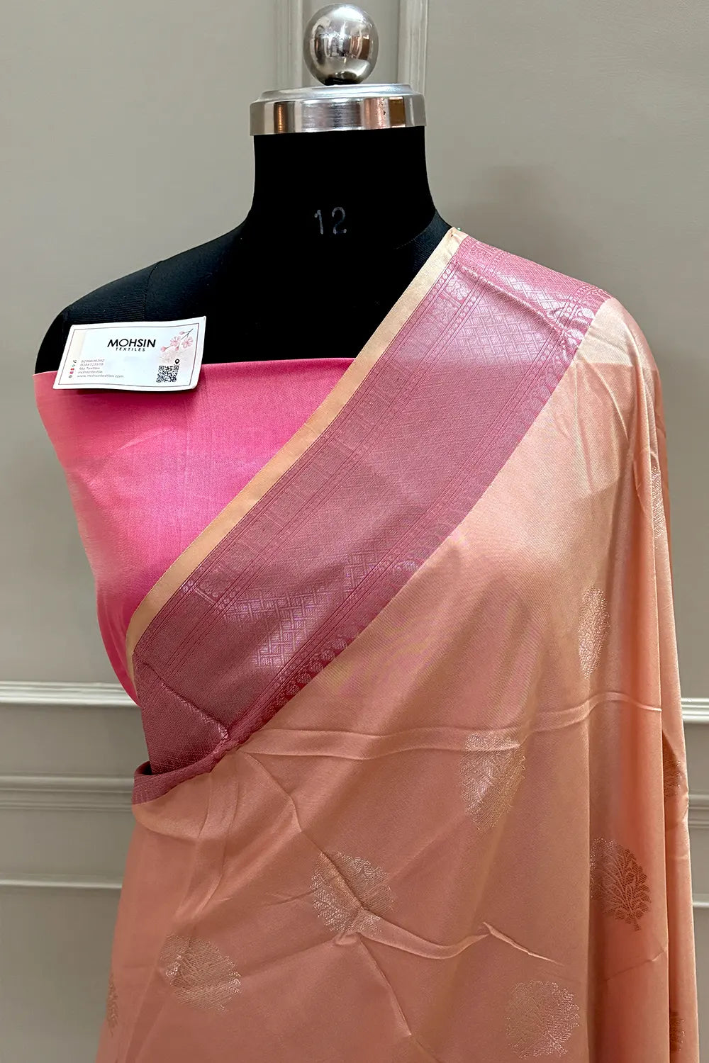 Light Peach and Pink Golden Zari Banarasi Silk Saree
