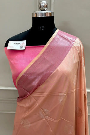 Light Peach and Pink Golden Zari Banarasi Silk Saree
