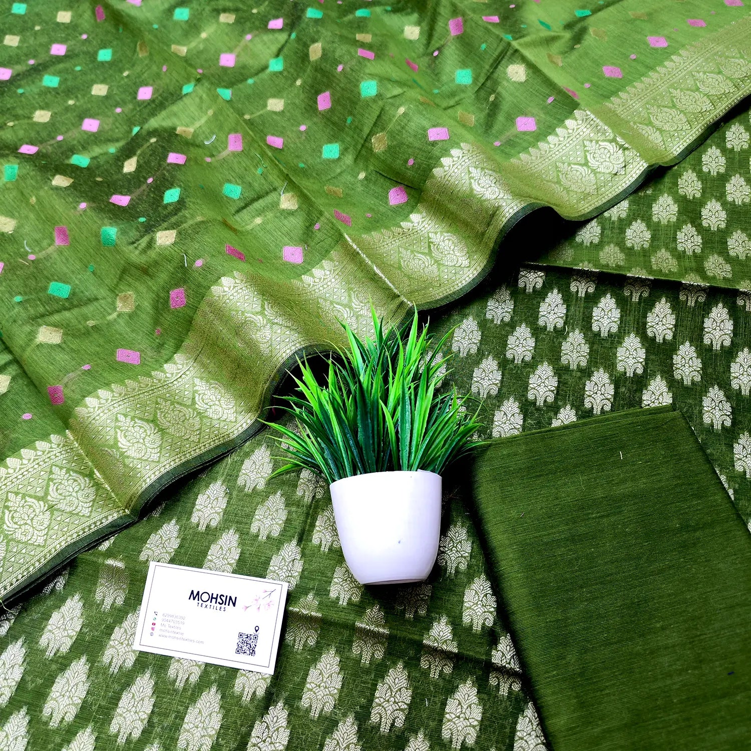 Mehendi Frozen Tree Banarasi Silk Suit