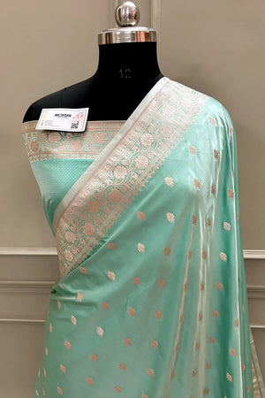 Mint Green Flying Buti Katan Silk Banarasi Saree