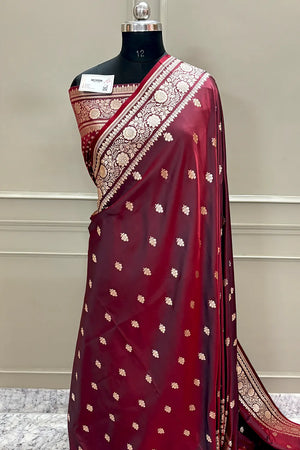 Wine Podina Buti Katan Silk Banarasi Saree