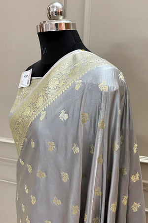 Grey Chaman Buti Katan Silk Banarasi Saree