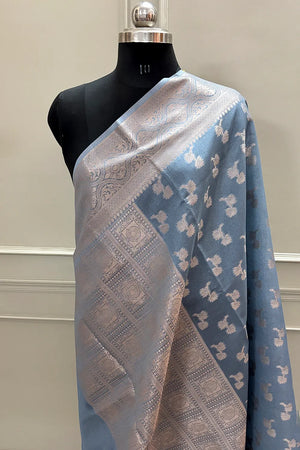Grey Daab Buti Chanderi Silk Banarasi Saree