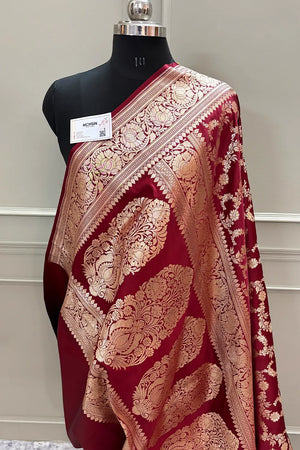 Maroon Moglai Jaal Katan Silk Banarasi Saree