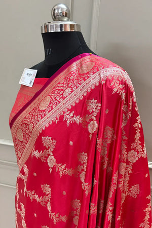 Peach Papakipari Katan Silk Banarasi Saree