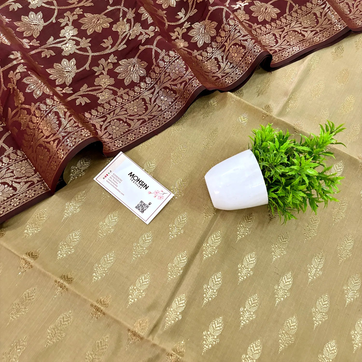 Cream and Maroon Parvat Buti Satin Silk Banarasi Suit