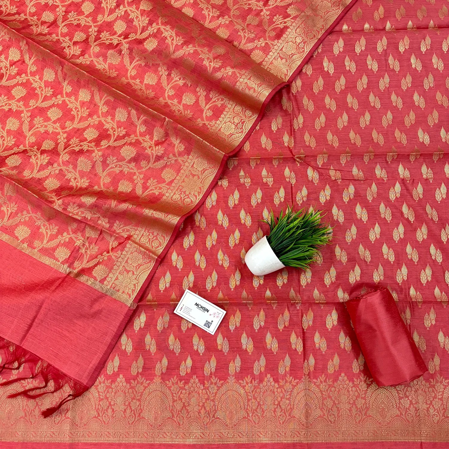 Dark Peach Golden Zari Banarasi Silk Suit