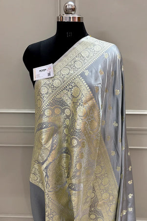 Grey Chaman Buti Katan Silk Banarasi Saree