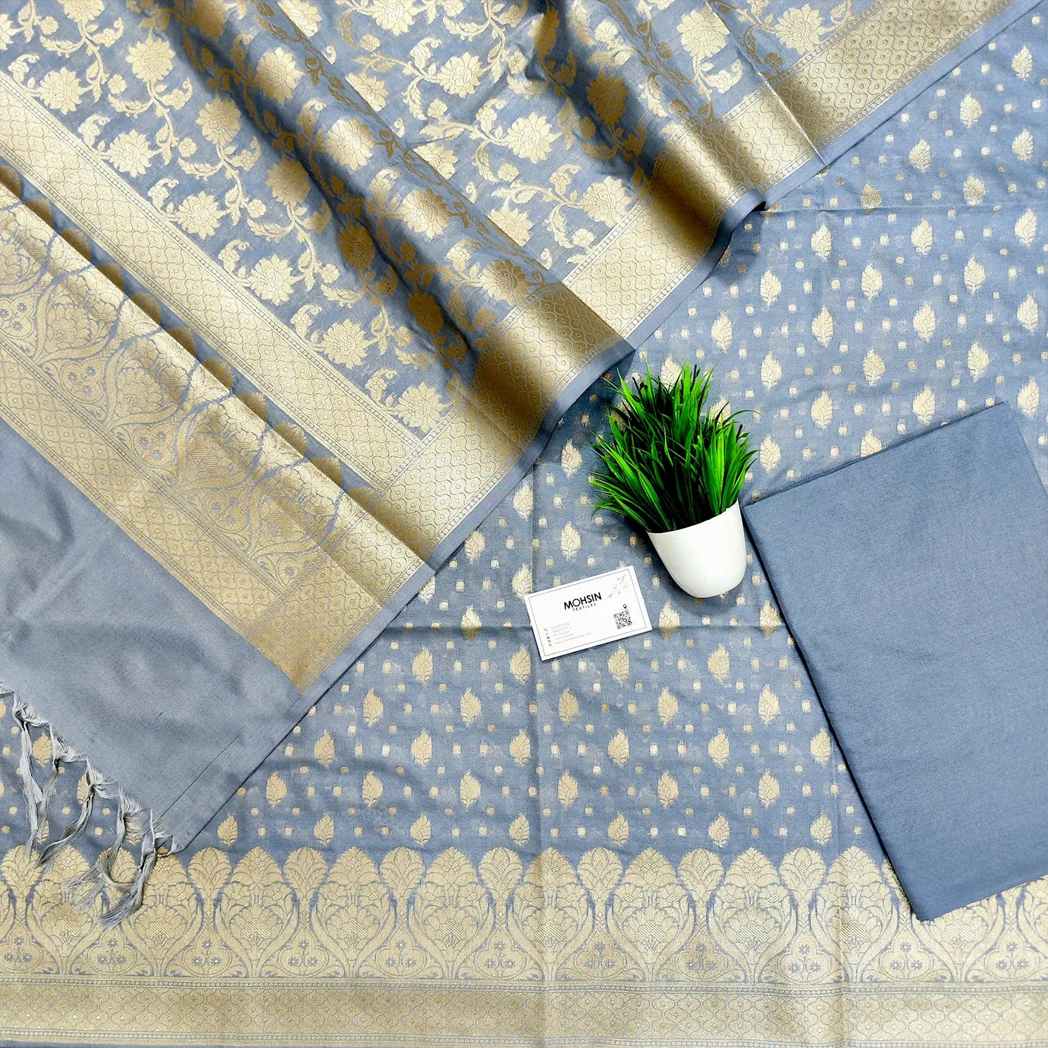 Grey Kalli Patta Katan Silk Banarasi Suit