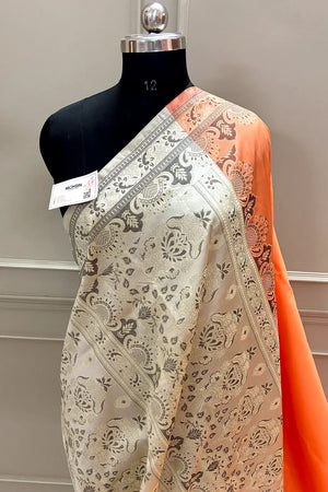 Orange and Beige Plain Resham Silk Banarasi Saree