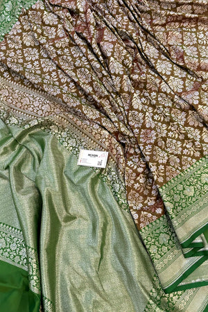 Brown and Green Temple Buta Katan Silk Banarasi Saree