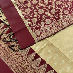 Cream and Maroon Parvat Buti Satin Silk Banarasi Suit