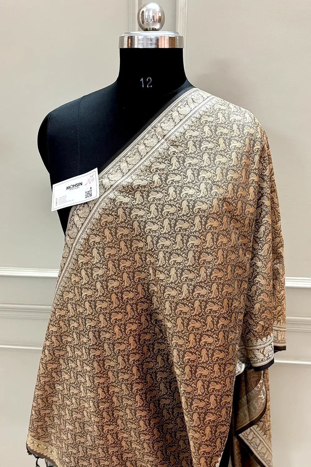 Dark Beige Resham Zari Silk Banarasi Stole