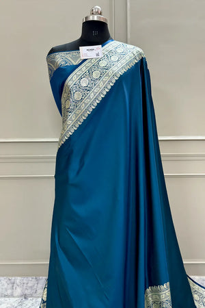 Peacock Blue Royal Plain Katan Silk Banarasi Saree