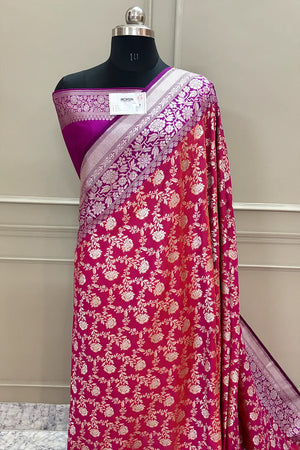 Pink and Purple Maharani Jaal Crepe Silk Banarasi Saree