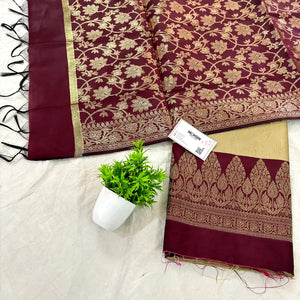 Cream and Maroon Parvat Buti Satin Silk Banarasi Suit