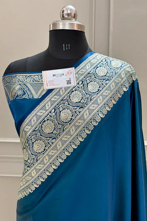 Peacock Blue Royal Plain Katan Silk Banarasi Saree