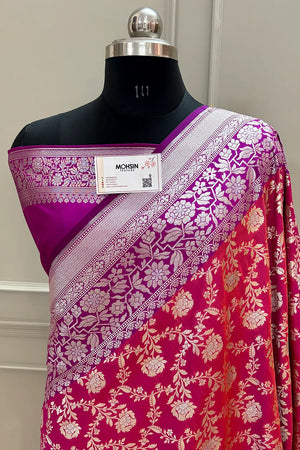 Pink and Purple Maharani Jaal Crepe Silk Banarasi Saree