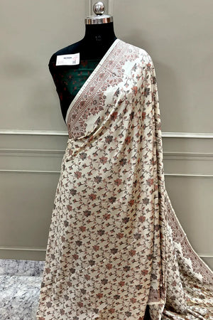 Beige and Bottle Green Resham Silk Banarasi Saree