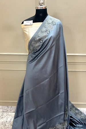 Grey and Beige Plain Resham Silk Banarasi Saree