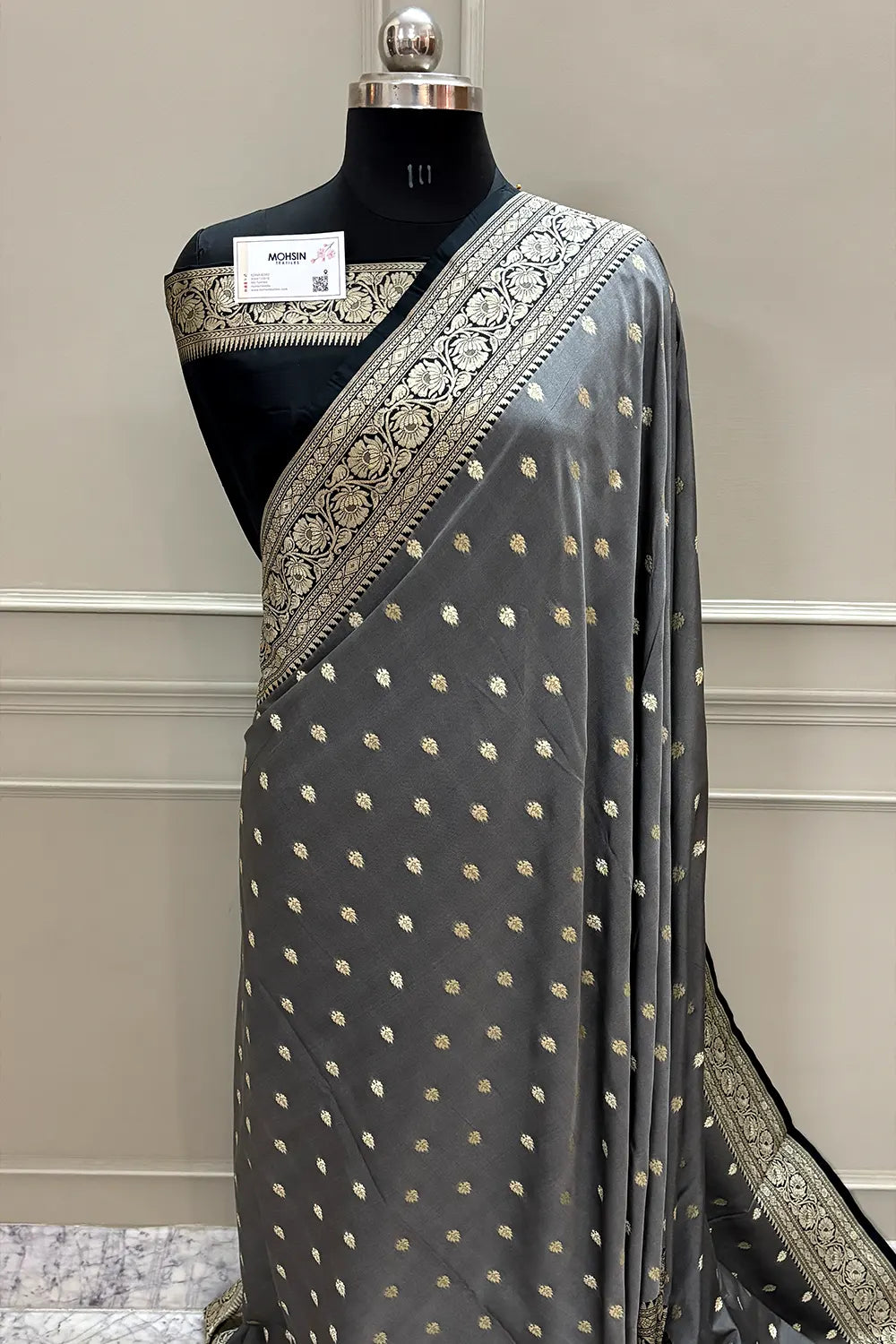Grey and Black Rudraksha Buti Katan Silk Banarasi Saree