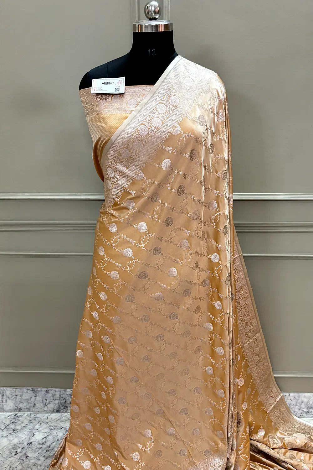 Orangish Peach Ropeway Jaal Katan Silk Banarasi Saree
