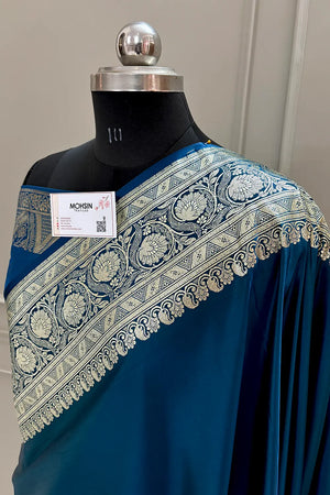 Peacock Blue Royal Plain Katan Silk Banarasi Saree