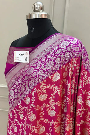 Pink and Purple Maharani Jaal Crepe Silk Banarasi Saree