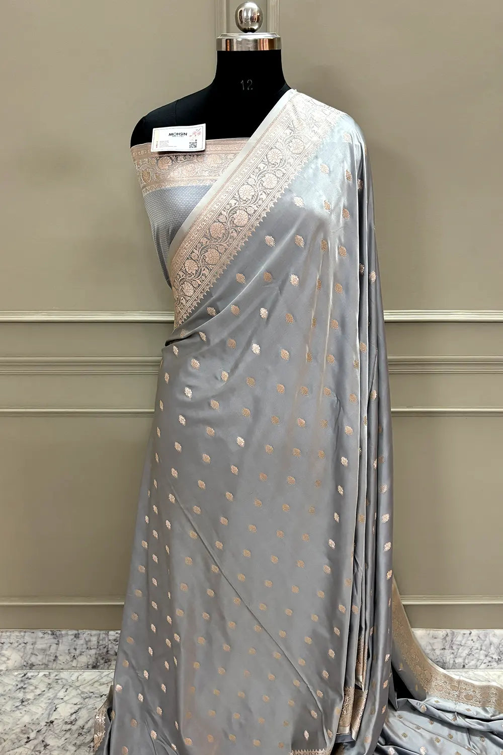 Silver Grey Flying Buti Katan Silk Banarasi Saree