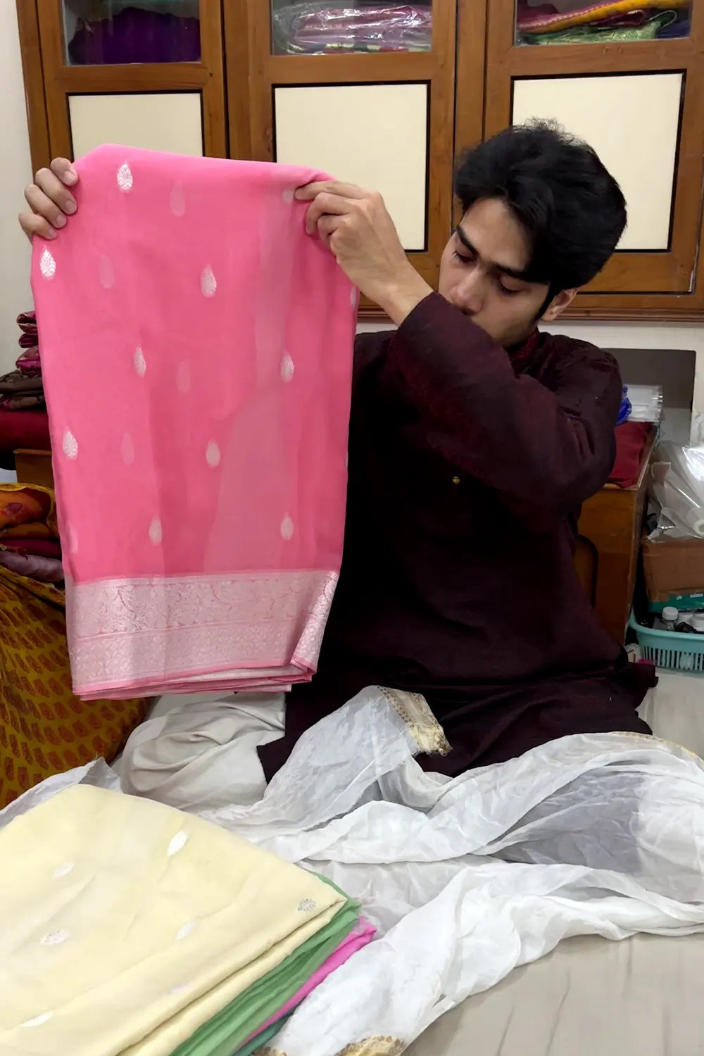 Peach Rupa Buti Pure Viscose Georgette Silk Banarasi Saree